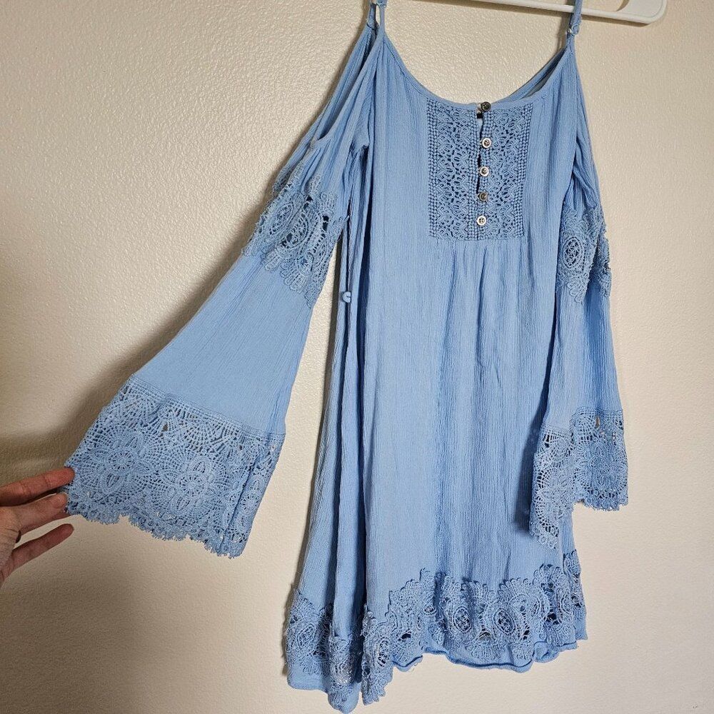 Fashion on Earth Beachy Blue Mini Dress Women's size S Lace Boho Western FLAWS